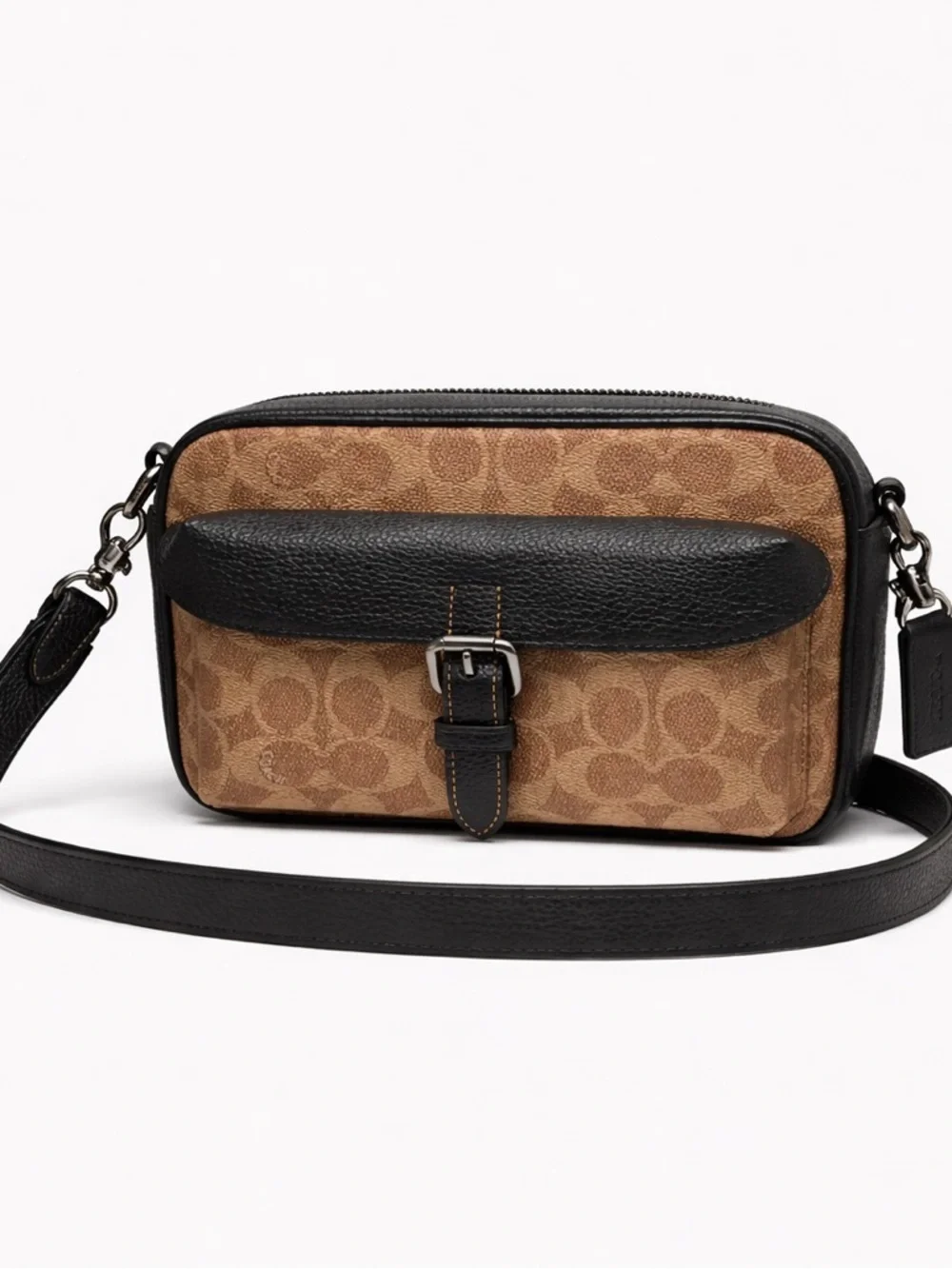Coach Signature Canvas Brown Black Leather Trim Crossbody Bag